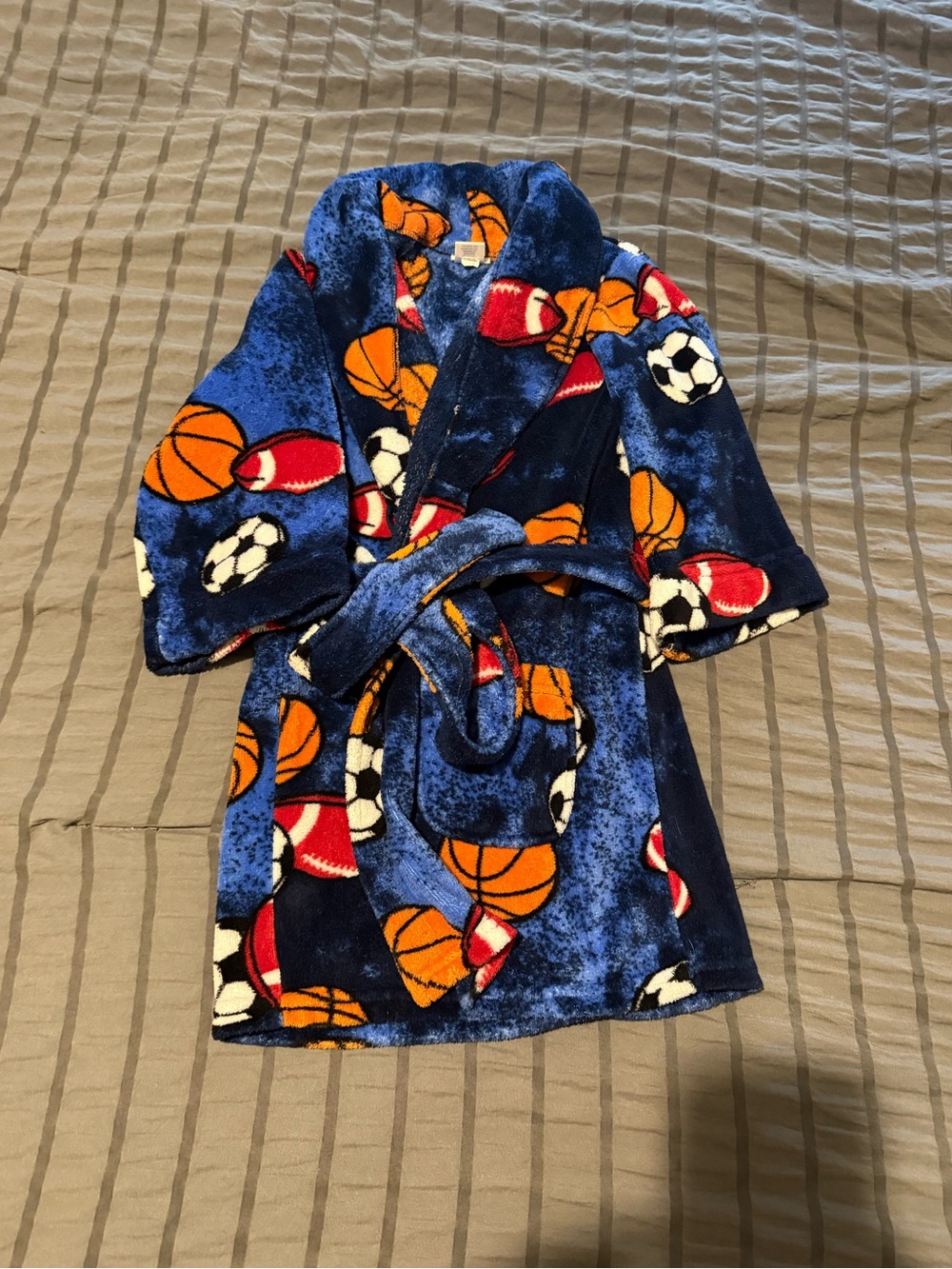Cherokee Boys Navy Blue Sports Plush Robe with Basketball & Soccer Print